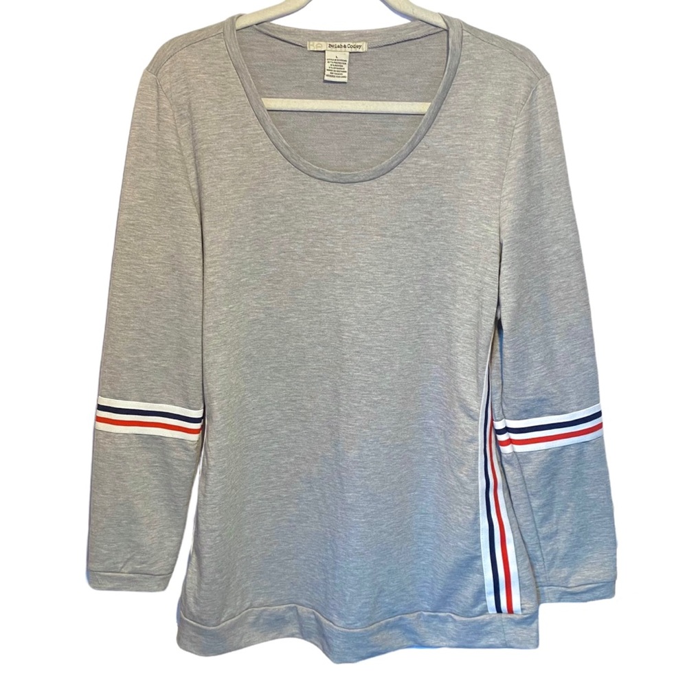 Belah & Codey Womens Sz L Gray Long Sleeve Top Sweater Scoop Neck Striped